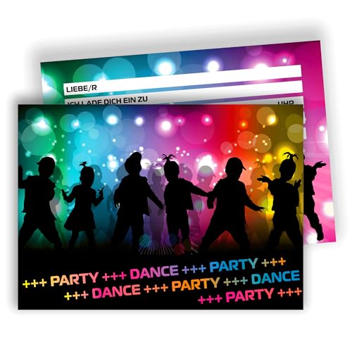 Edition Colibri Tanzparty Einladungskarte – Kinder-Silhouetten im Neonlicht – Disco Party Einladung | Set mit 10 flachen Karten (A6) – Rückseite zum Beschreiben von Edition Colibri