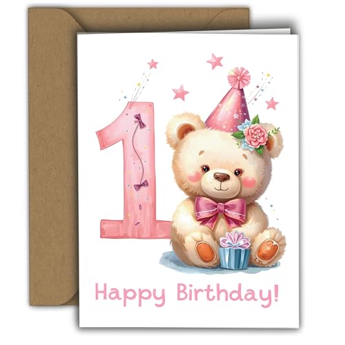 Glückwunschkarte zum 1. Geburtstag für Mädchen - Süßer Bär mit Luftballons - Klappkarte mit Umschlag - Happy Birthday Karte für Kleinkind - Kindergeburtstag Karte A6 von Edition Colibri