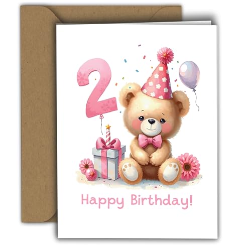 Glückwunschkarte zum 2. Geburtstag für Mädchen - Süßer Bär mit Partyhut & Geschenk - Klappkarte mit Umschlag - Happy Birthday Karte für Kleinkind - Kindergeburtstag Karte A6 von Edition Colibri