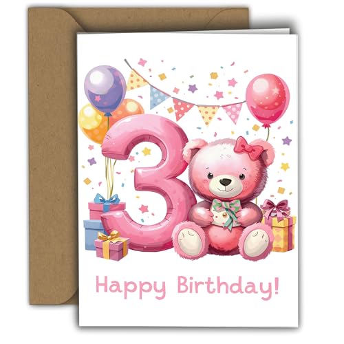 Glückwunschkarte zum 3. Geburtstag für Mädchen - Süßer Bär mit Luftballons & Geschenken - Klappkarte mit Umschlag - Happy Birthday Karte für Kleinkind - Kindergeburtstag Karte A6 von Edition Colibri