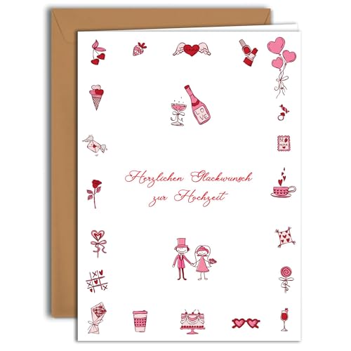 Glückwunschkarte zur Hochzeit mit Verspielten Hochzeitsmotiven (4) | Große Klappkarte (A4) – Kraft Umschlag enthalten – Innen blanko von Edition Colibri