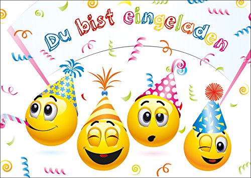 Edition Colibri 10 Smiley-Einladungen: Geburtstagseinladungen Kinder mit Emoticon mit Partyhut, lustige Einladungskarten Smiley-/Emoji zum Geburtstag, Mädchen/Jungen, 10-er Set, (10719DE) von Edition Colibri