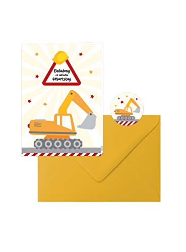 Bagger-Geburtstag: 10 zauberhafte Einladungs-Klappkarten zum Kindergeburtstag im tollen Bagger-Design mit gelben Umschlägen, dazu 10 runde Aufkleber mit dem kleinen Bagger von Edition SF