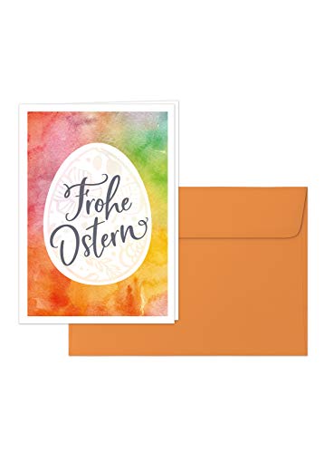 Grußkarte „Frohe Ostern“ – Klappkarte im Aquarell-Stil mit orangefarbenem Umschlag, Design: Oster-Aquarell von Edition SF