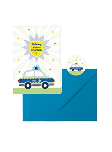 Polizei-Geburtstag: 10 schöne Einladungs-Klappkarten zum Kindergeburtstag im tollen Polizei-Design mit blauen Umschlägen, dazu 10 runde Aufkleber mit dem kleinen Polizeiauto von Edition SF