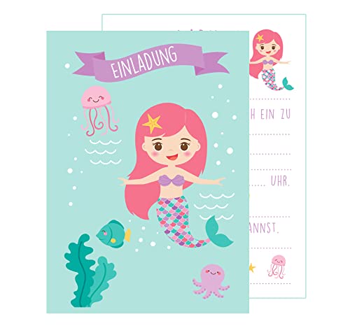 Edition Seidel Set 12 Einladungskarten Einladungen Kindergeburtstag Geburtstag Party Mädchen mit süßem Einhorn in rosa und pink Postkarte Einladung (Design Meerjungfrau) von Edition Seidel