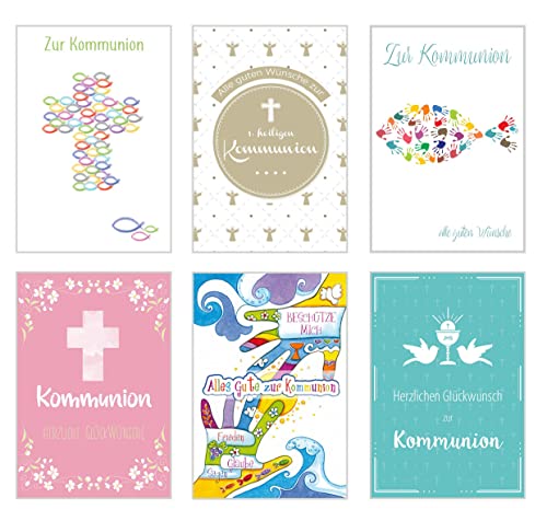 Edition Seidel Set 6 Premium Kommunionskarten mit Umschlag (Doppelkarten/Klappkarten mit Briefumschlag) Karte Postkarte Kommunion (SW02) von Edition Seidel