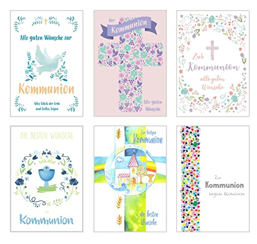Edition Seidel Set 6 Premium Kommunionskarten mit Umschlag (Doppelkarten/Klappkarten mit Briefumschlag) Karte Postkarte Kommunion (SW02) von Edition Seidel