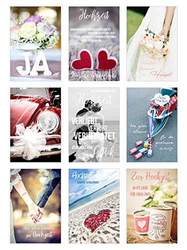 Edition Seidel Set 9 hochwertige Designer Premium Hochzeitskarten mit Briefumschlägen. Glückwunschkarte zur Hochzeit. Geschenk Geld Geldgeschenk (Doppelkarten mit Briefumschlag) (Set 3) von Edition Seidel