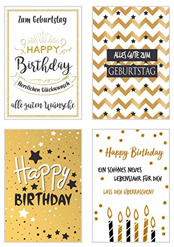 Set 4 exklusive Geburtstagskarten mit feiner Goldprägung und Umschlag. Glückwunschkarte Grusskarte zum Geburtstag. Geburtstagskarte Karte Mann Frau (Doppelkarten/Klappkarten mit Briefumschlag) von Edition Seidel