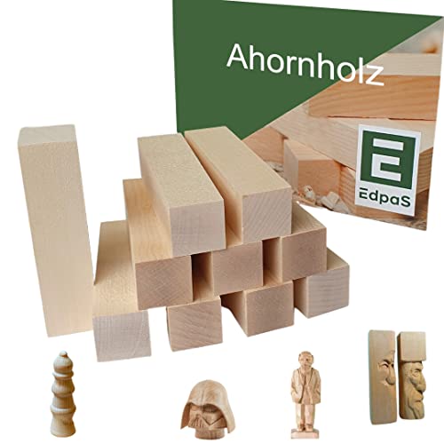 Edpas Schnitzholz Ahorn - 10 Stück Holzblock + Schnitzvorlage (10x2,5x2,5cm) - Ahornholz zum Schnitzen oder Bastelset - Praktische Holz Rohlinge zum Drechseln - Schnitzholz für Kinder von EdpaS