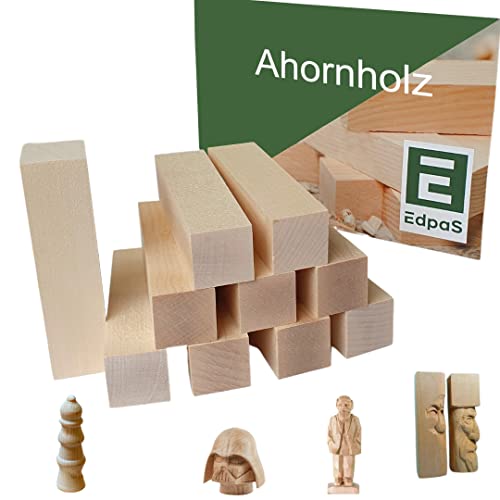 Edpas Schnitzholz Ahorn - 10 Stück Holzblock - Schnitzvorlage (10x2,5x2,5cm) - Ahornholz zum Schnitzen Drecheln oder Bastelset - Drechelholz Holz Rohlinge zum Drechseln - Ideal zum Drechseln von EdpaS