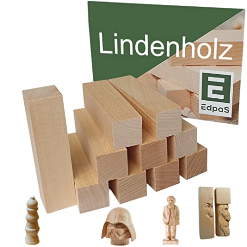 Edpas Schnitzholz Linde - 10er Pack Holzblock + Schnitzvorlage weiches Lindenholz zum Schnitzen - Praktische Holz Rohlinge zum Drechseln und Holz schnitzen mit Schnitz Vorlage - Schnitzholz für Kinder von EdpaS