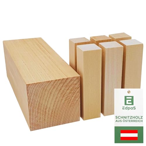 Edpas Schnitzholz Linde - Mix Set Groß 20x7x7cm + 6 kleine Holzblöcke + Schnitzvorlagen - weiches Lindenholz zum Schnitzen - Praktische Holz Rohlinge zum Drechseln & Holz schnitzen von EdpaS