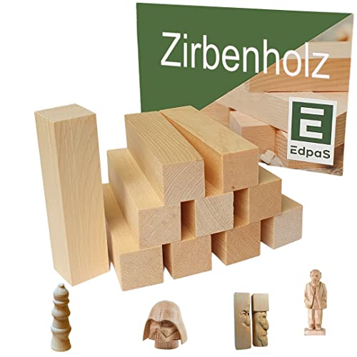 Edpas Schnitzholz Zirbe - 10 Stück Holzblock + Schnitzvorlage (10x2,5x2,5cm) - Holz zum Schnitzen Drechseln Bastelset - Praktische Drechselholz Rohlinge aus Zirbenholz - Schnitzholz für Kinder von EdpaS