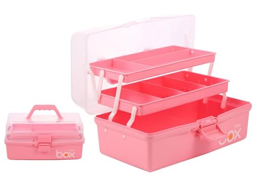 EeAaSsTy Dreischichtige Mehrzweck-Aufbewahrungsbox Organizer Faltbare Werkzeugbox/Kunst- und Handwerkskoffer/Nähzubehör-Organizer/Medizinbox/Familien-Erste-Hilfe-Box(Rosa 30cm) von EeAaSsTy