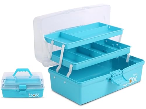 EeAaSsTy Dreischichtige Mehrzweck-Aufbewahrungsbox Organizer Faltbare Werkzeugbox/Kunst- und Handwerkskoffer/Nähzubehör-Organizer/Medizinbox/Familien-Erste-Hilfe-Box (Blau) von EeAaSsTy