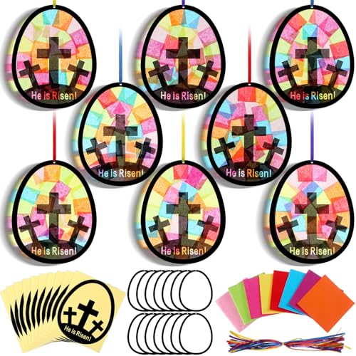 Eersida 32 Sets Ostereier VBS religiöses Kreuz Sonnenfänger Bastelset He is Risen DIY christliches Seidenpapier Sonntag Schule Handwerk Buntglas-Effekt Seidenpapier Kit für Fastenauferstehung von Eersida