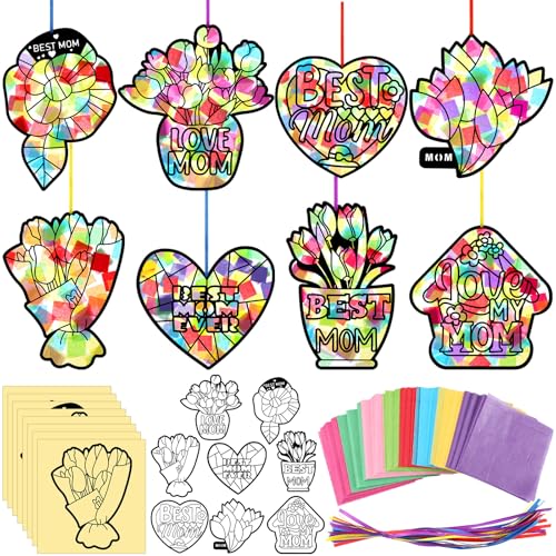 Eersida 32-teiliges Sonnenfänger-Papier-Bastelset, DIY-geformtes Buntglas-Seidenpapier-Set, Großpackung für Fenster, Klassenzimmer, Aktivitäten, Kunst, Party, Dekorationen, Geschenk (Muttertag) von Eersida