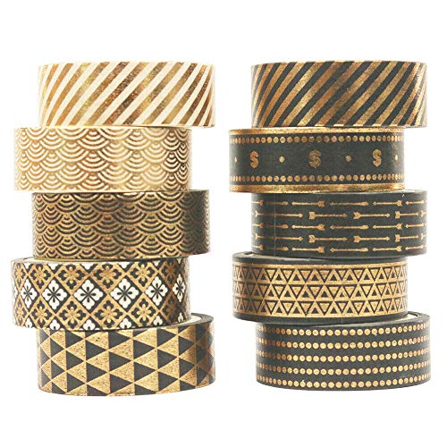 Eeuye 10 Rollen Schwarzgoldfolie Washi Tape Set Papier Scrapbooking Adhesive Masking DIY von Eeuye