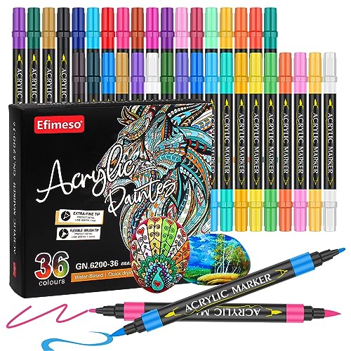 Efimeso 36 Wasserfeste Farben Acrylstifte, Doppelspitzen Stift Set Glitzerstifte mit Feiner Spitze und Pinselspitze für Steine Bemalen, Holz, Stoff, Metallic, Glas, Ostern Basteln von Efimeso