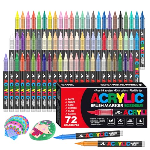 Efimeso 72 Farben Acrylstifte für Steine Wasserfest,Pinselmalstifte auf Wasserbasis Acrylic Paint Marker Acrylmalstifte für Holz, Leinwand, Holz, Stein, Keramik, Glas, Stoff von Efimeso