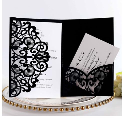 Egurs 10x Einladungskarten für Hochzeiten Verlobung Brautparty Party Lasercut Spitze Blume Hochzeitseinladungskarten mit Umschlägen Schwarz 10 Stück von Egurs
