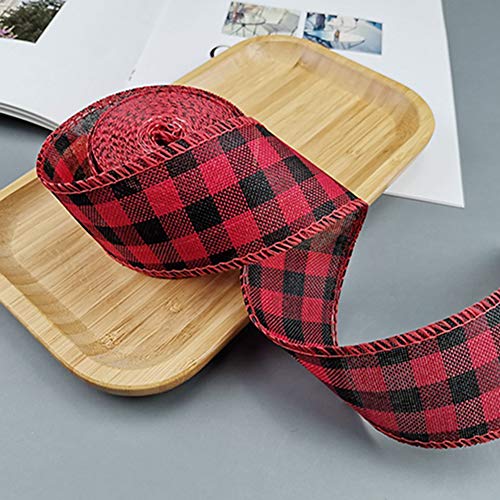 Egurs 12 Meter Kariert Juteband Plaid Bänder Geschenkverpackung Geschenkband Weihnachts Drahtbänder Basteln Dekoration,Draht an der Seite Rot-schwarz kariert 4cm von Egurs