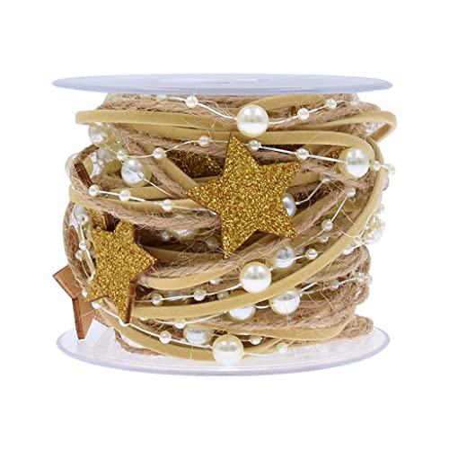 Egurs 5 Meter Geschenkband Dekoband Juteband Perlenband mit Perlen und Glitter Golden Sterne Weihnachtsbänder Perlenkette Hochzeit Deko Geschenkverpackung Blumenstrauß Dekoration Gold von Egurs