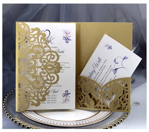 Egurs 50x Einladungskarten für Hochzeiten Verlobung Brautparty Party Lasercut Spitze Blume Hochzeitseinladungskarten mit Umschlägen Beige 50 Stück von Egurs