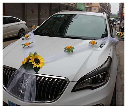 Egurs Autoschmuck Hochzeit Sonnenblume Tüll Hochzeitsschmuck Blumen Auto Schmuck Organza Braut Paar Rose Deko Auto Wedding Deko Girlande Car Deko Schleife von Egurs