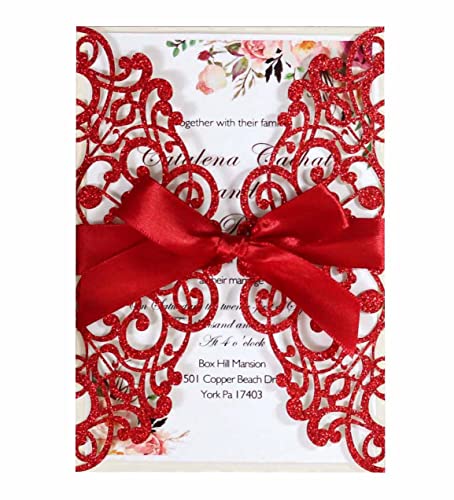 Egurs Glittzer Hochzeits Einladungskarten set Mit Lasergeschnittene Spitze und Seidenband Schleife Hollow Floral Hochzeitseinladungen für Verlobung Geburtstag Muttertag Rot 50 Stück von Egurs