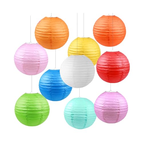 10 Stücke Bunte Papierlaternen, Runde Chinesische Papier Lampions, 30cm/ 12 Zoll Lichter Rund Lampenschirm, Hängende Ballform Papierlampen für Hochzeit Geburtstag Babyparty Feiern Deko von Ehuihuan