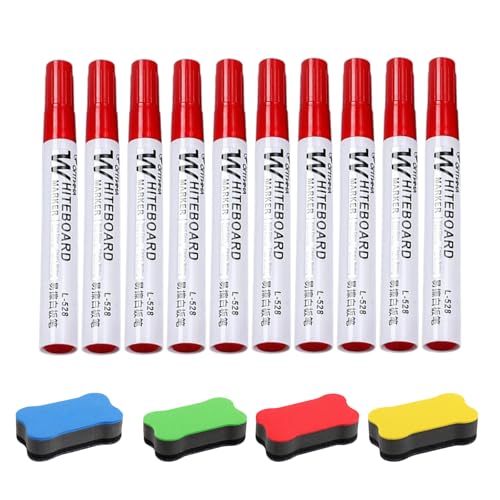 Ehuihuan 10 Stück Whiteboard Marker, Trocken Abwischbare Stifte, Rundspitze 2mm, Whiteboard Stifte Abwischbar, Whiteboard Stifte Schwarz mit 4 Radierer für Zuhause, Schule, Büro (Rot) von Ehuihuan