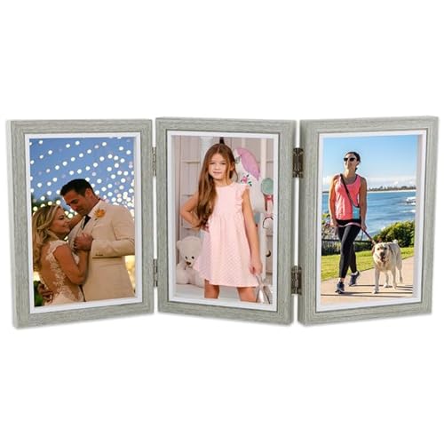 Ehuihuan Bilderrahmen 3 Bilder, Bilderrahmen Holz, Doppelt Collage Fotorahmen, Bilderrahmen Collage mit Scharnier Dreifach, Bilder Holzbilderrahmen für Büro, Hochzeit, Familie (Graues 6-Zoll-Triple) von Ehuihuan