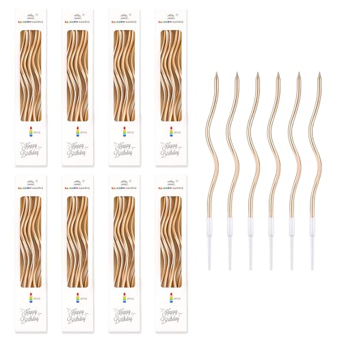 48 Stück Gebogene Geburtstagskerzen, Lange Tortenkerzen mit Halter, Kerzen Geburtstag für Geburtstag Hochzeit Jubiläum Party Deko, Elegante Kerzen für Torten Kinder Erwachsene, Champagner von Eiaigky