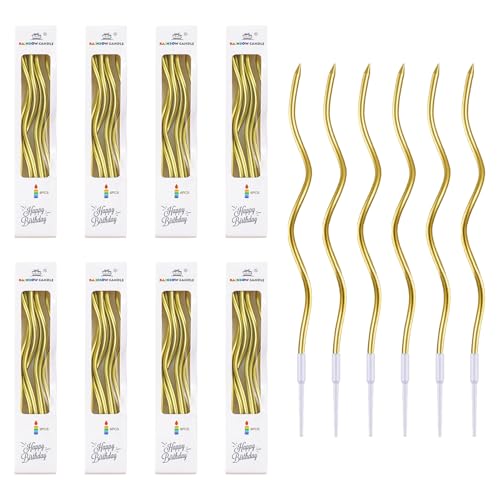 48 Stück Gebogene Geburtstagskerzen, Lange Tortenkerzen mit Halter, Kerzen Geburtstag für Geburtstag Hochzeit Jubiläum Party Deko, Elegante Kerzen für Torten Kinder Erwachsene, Gold von Eiaigky