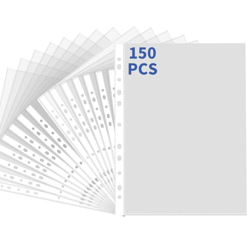 Klarsichthüllen, gelocht, A4, transparent, stabile Kunststoffhüllen, obere Öffnung, Schutzfolie für Ringbücher, Aktenordner, 150 Stück von Eidoct
