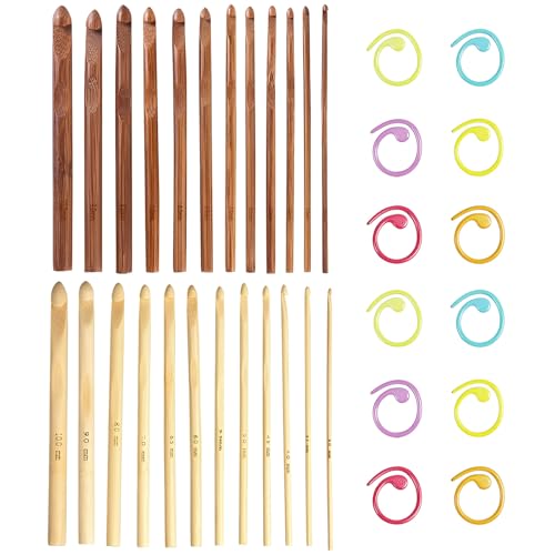 Eiflayn Häkelnadel,24 Stück Bambus Crochet Hook 3–10mm+12 Bunte Maschenmarkierer,Häkelnadeln Stricknadeln,Ergonomische Häkelnadeln mit Rutschfesten,Geeignet für Mützen,Handschuhen,usw von Eiflayn
