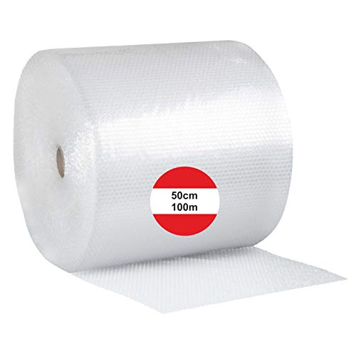 dieLUFTPOLSTERFOLIE Luftpolsterfolie 50cm x 100m Verpackungsfolie Luftpolster Rolle Blisterfolie Noppenfolie Polsterfolie 0,5m Knallfolie Polstermaterial Transparent (1x 50cm x 100m + 6x Klebeband) von Eigenmarke