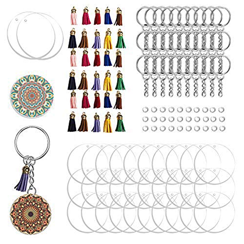 Eighosee 30 Set 5,1 cm runde Acrylscheiben mit Schlüsselanhänger und Quasten-Anhänger für DIY-Handwerksprojekte von Eighosee