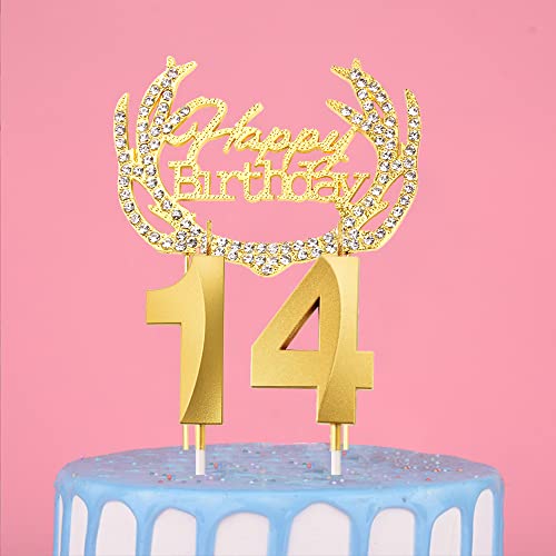 14. Geburtstag Kerzen, Gold Geburtstagskerze Zahl, Tortenkerzen Zahlen 14, Geburtstagskerzen Nummer, Zahlenkerzen für Torte, Kuchen Topper Happy Birthday Gold für Hochzeit Jubiläum Feier von Ein Herz