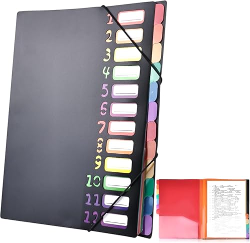Fächermappe A4, Dokumentenmappe A4, Tragbar Fächermappe mit 12 Fächern, Mappen Ordnersystem PP Kunststoff Ordnungsmappe Pultordner für Schule Bürobedarf Klasse Sortier-/ Sammelmappe (Schwarz) von Einaus