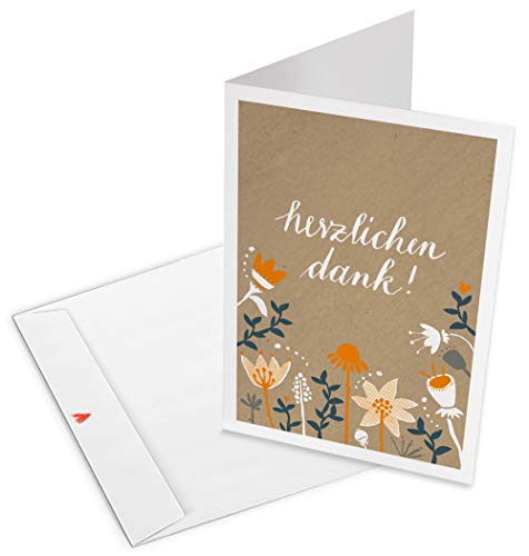 10 Dankeskarten mit Umschlag - herzlichen dank - Vintage Design Klappkarten, Beige Orange mit Blumen, geschmackvolle Danksagung zu Hochzeit, Geburtstag und Jubiläum aus hochwertigem Recyclingpapier von Eine der Guten