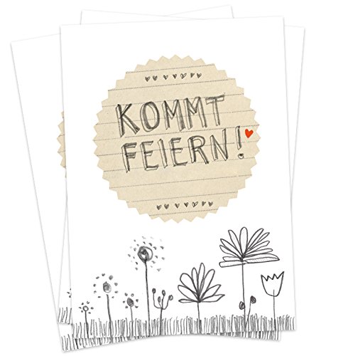 10 Einladungskarten - Kommt feiern! - Weiß Grau Beige mit Blumenwiese, Einladungen für Hochzeit, Geburtstag, Jubiläum, Party, DIY Bleistift Vintage Design mit Blumen von Eine der Guten