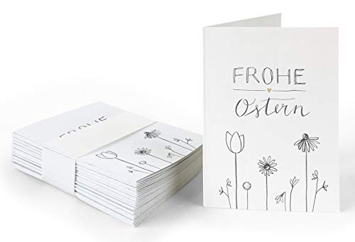 25 Geschenkanhänger - Frohe Ostern - Ostergrüße in Weiß mit Blumen, originelle Mini Osterkarten zum Ostergeschenke Beschriften, edel exklusiv individuell, A7 Recyclingpapier Klappkarten von Eine der Guten