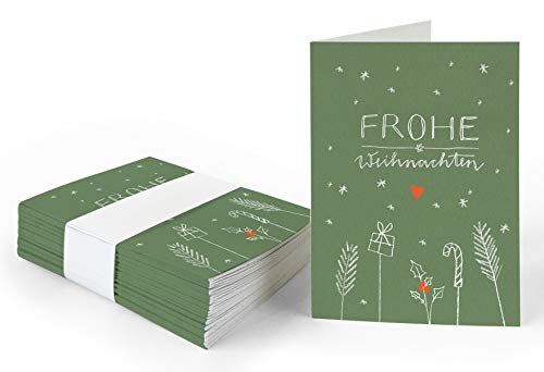 25 Geschenkanhänger frohe Weihnachten! Grün Weiß Rot, originelle mini Weihnachtskarten zum Weihnachtsgeschenke Beschriften, exklusiv individuell verspielt, A7 Recyclingpapier Klappkarten von Eine der Guten