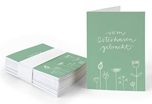 25 Geschenkanhänger - vom Osterhasen gebracht - Ostergrüße Grün Weiß mit Blumen, originelle Mini Osterkarten zum Ostergeschenke Beschriften, edel exklusiv individuell, A7 Recyclingpapier Klappkarten von Eine der Guten