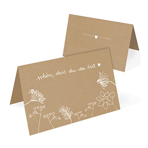 50 Tischkarten aus Recyclingpapier - Schön, dass du da bist - Namenskarten, Platzkarten zum Beschriften für Hochzeit, Geburtstag, Taufe, Kommunion, Blumen Design, Beige Weiß von Eine der Guten