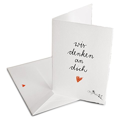 Spruch Grußkarte Trauerkarte - Wir denken an Dich - Handlettering Design Klappkarte mit Umschlag, zum Mut machen, zum Abschied oder als Geburtstagskarte - Büttenpapier (gefranst) von Eine der Guten